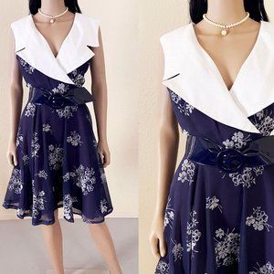Vintage 70s Navy Blue Oversized Collar Casual Sundress